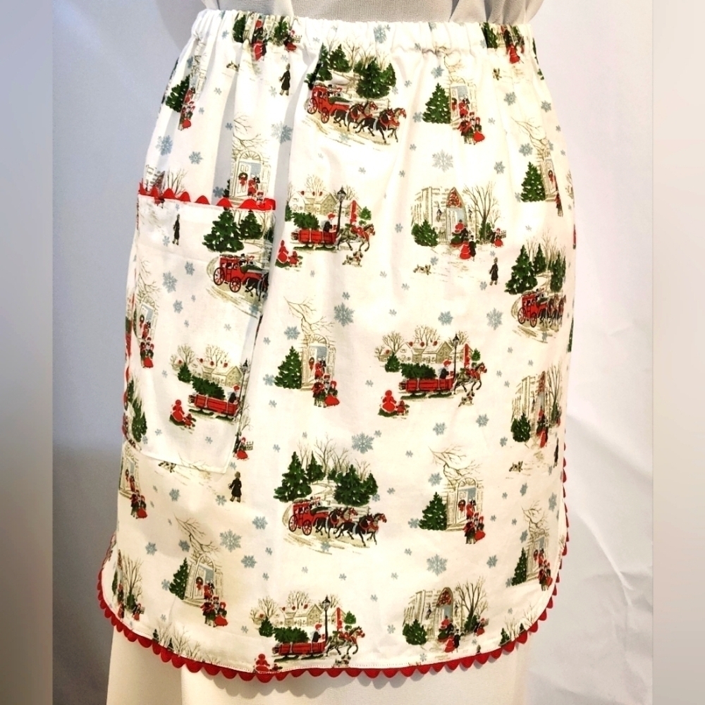 Handmade Vintage Style Christmas Apron White Red Green Rick Rack Trim Large